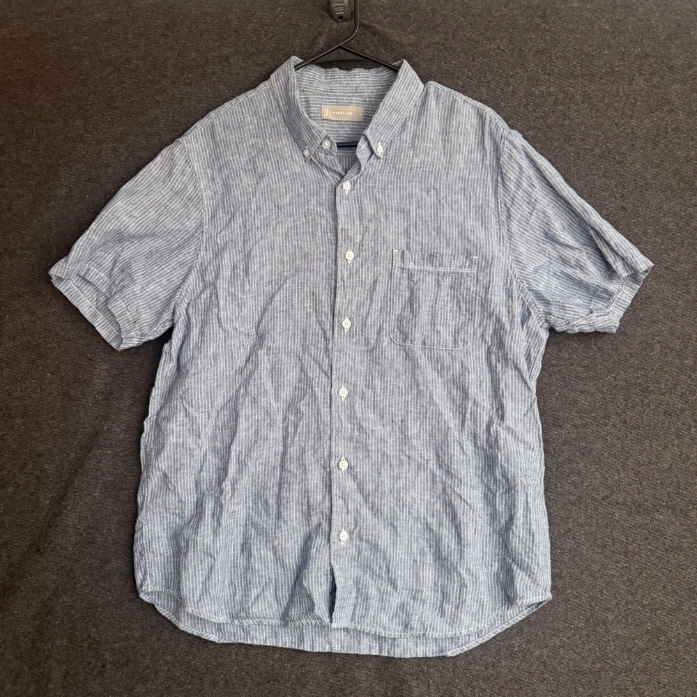 Everlane Mens Blue White Pinstripe Linen Short Sleeve Button Down Shirt L Resort